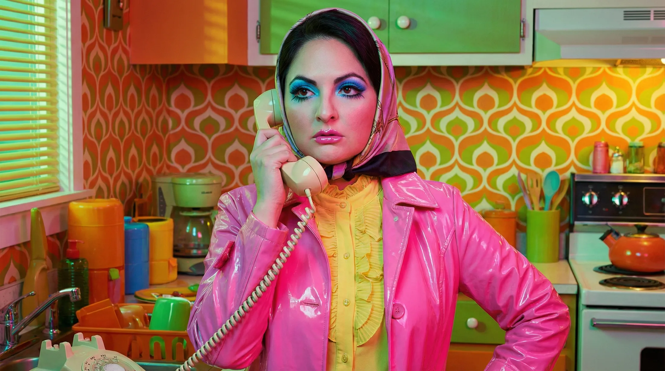 Retro pop-art portrait in saturated Miles Aldridge style — red phone, patterned kitchen