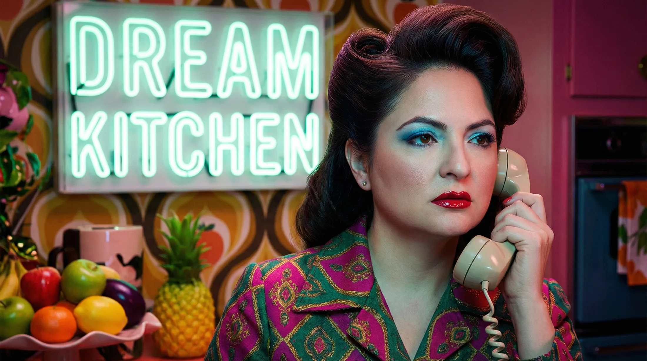 Second Miles Aldridge restyle — neon Dream Kitchen sign and telephone