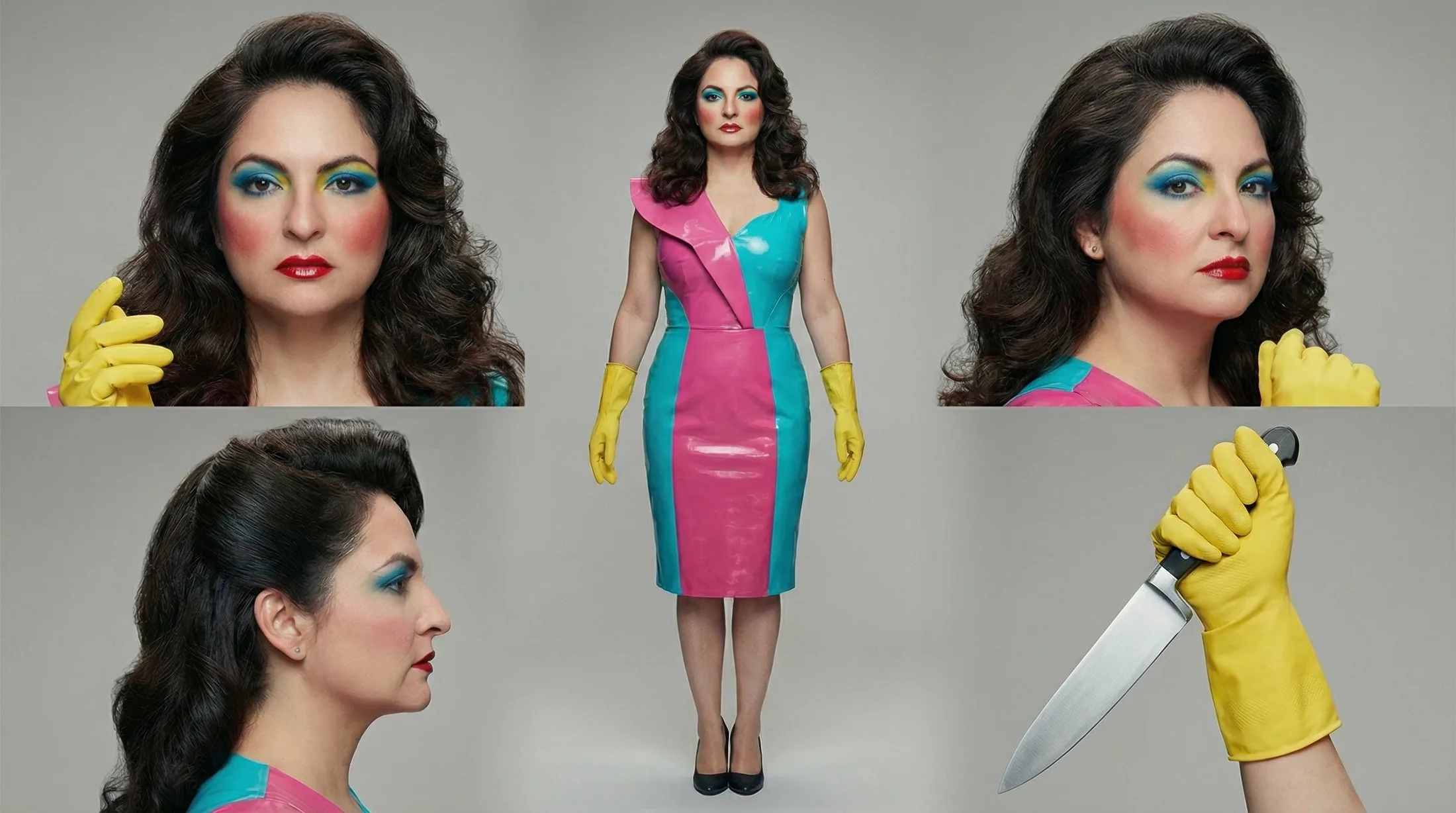 Anna turnaround — cyan and magenta dress, yellow cleaning glove, knife