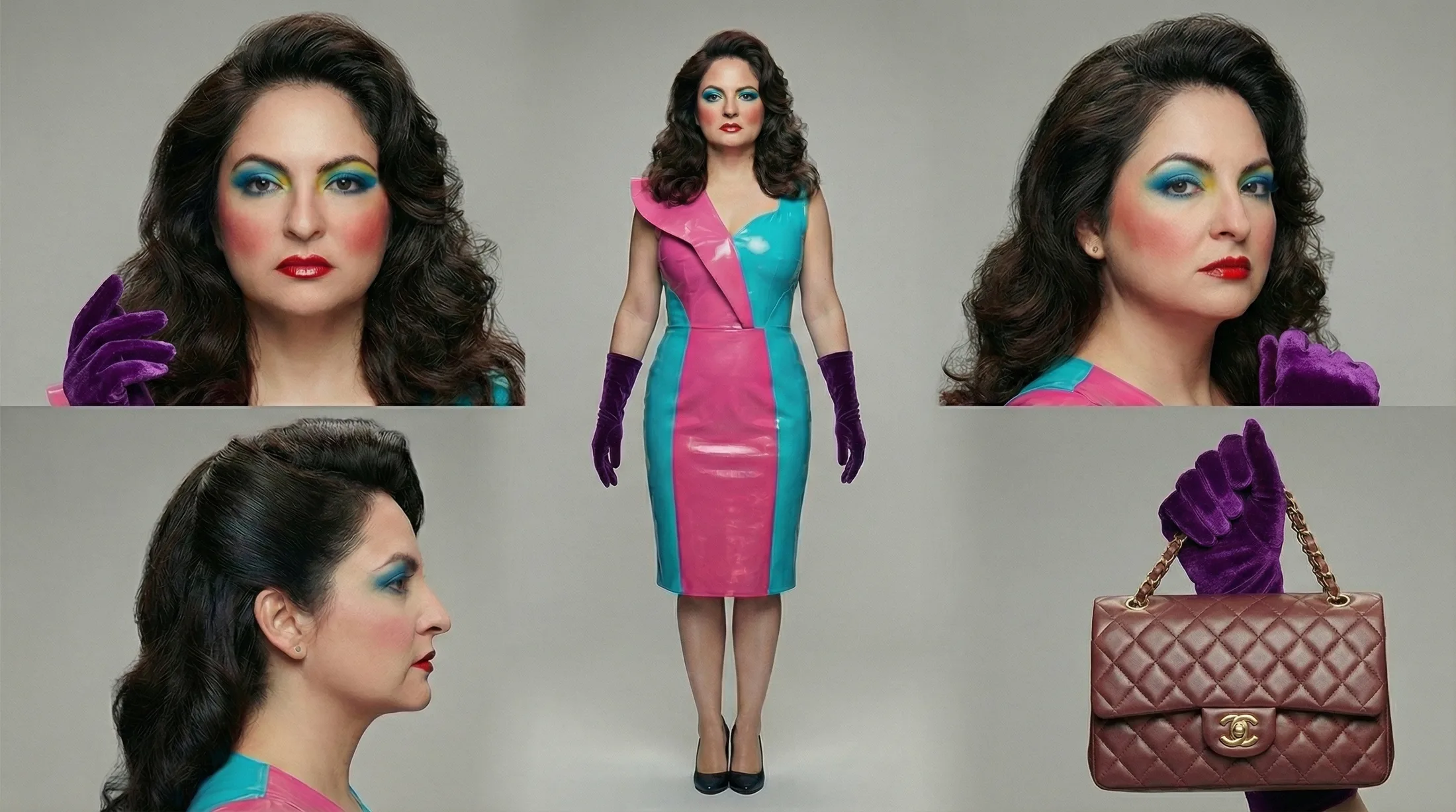 Anna turnaround variant — purple velvet gloves and designer handbag