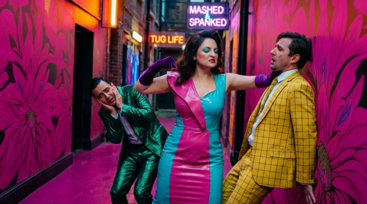The alley in colour — Anna mid-strike between goons, MASHED & SPANKED neon above