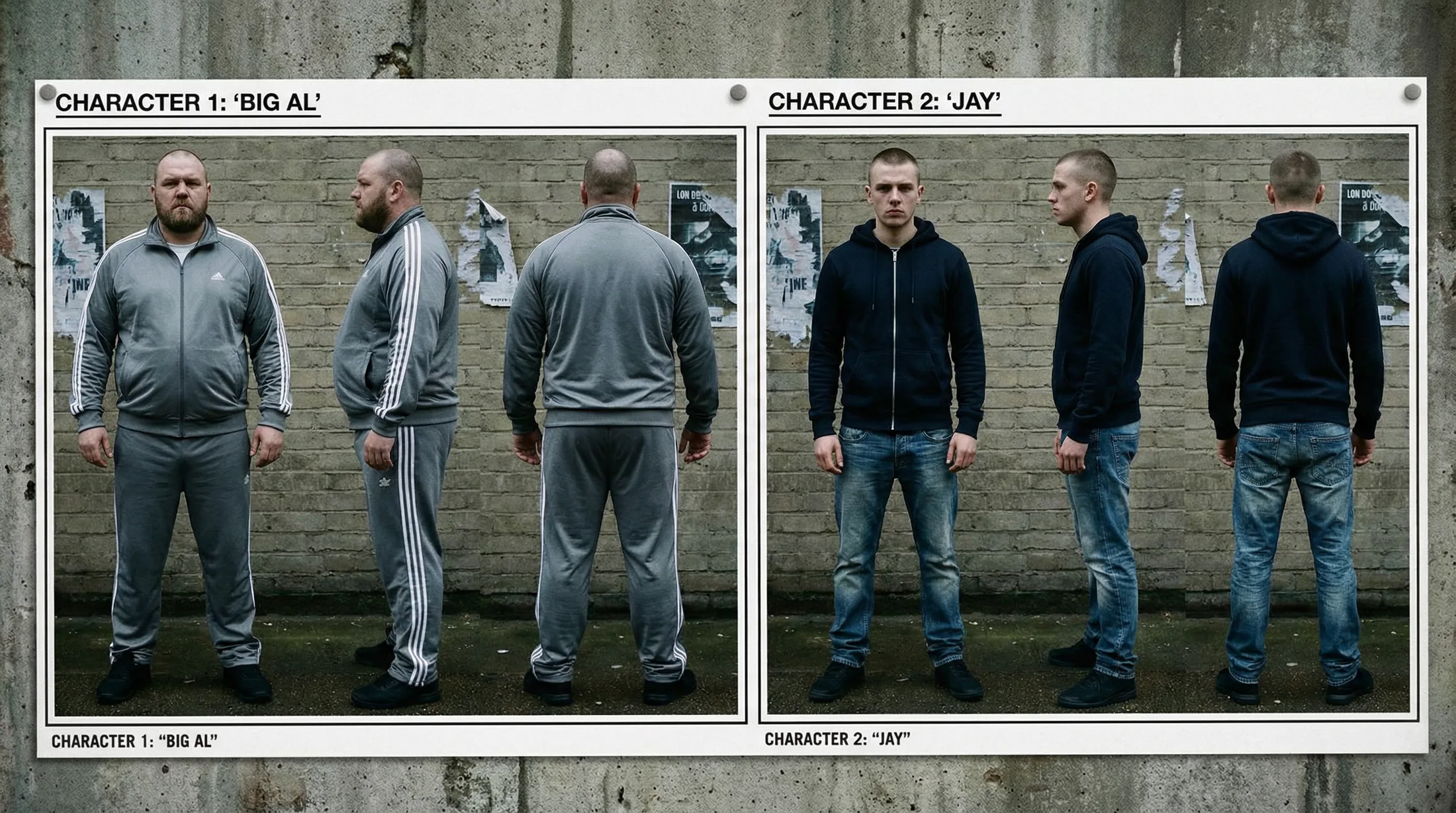 Character reference sheet — Big Al and Jay, two London thugs in grey