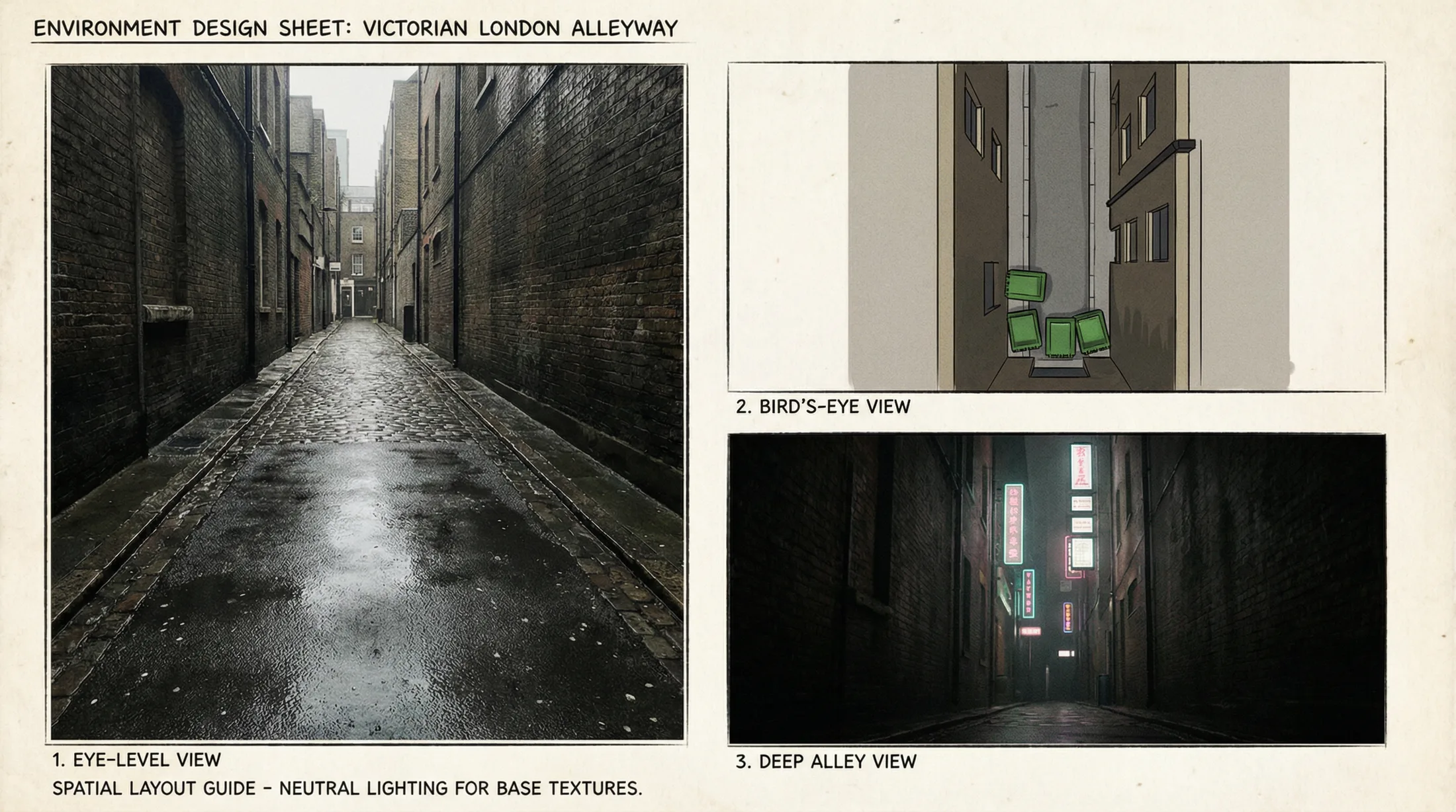Environment design sheet — Victorian London alleyway in grey, three annotated views