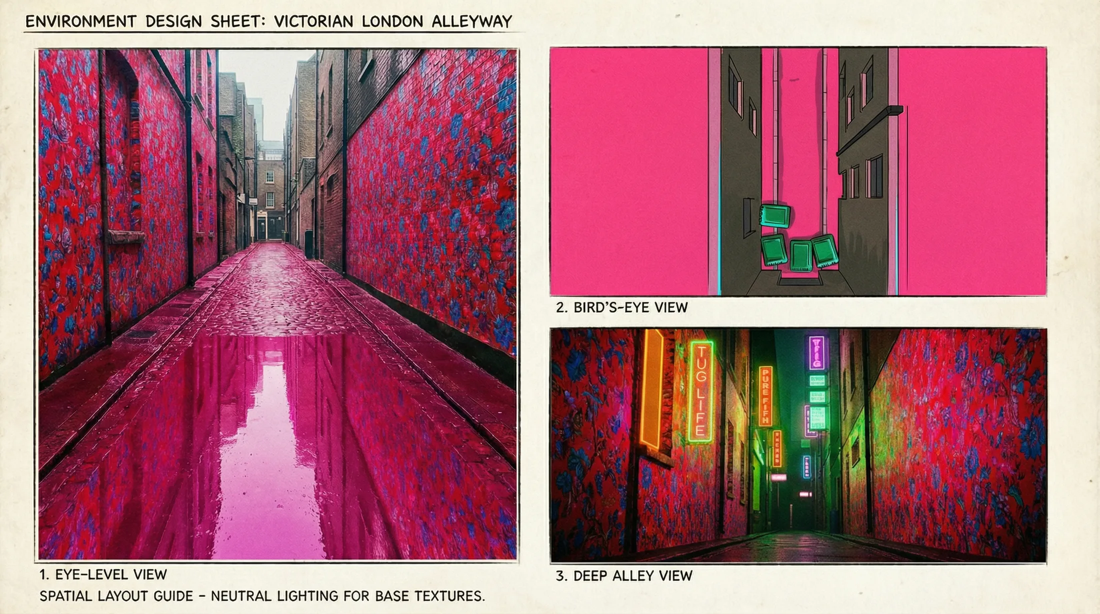 The same alleyway sheet stylised — hyper-saturated pink floor and wallpaper walls