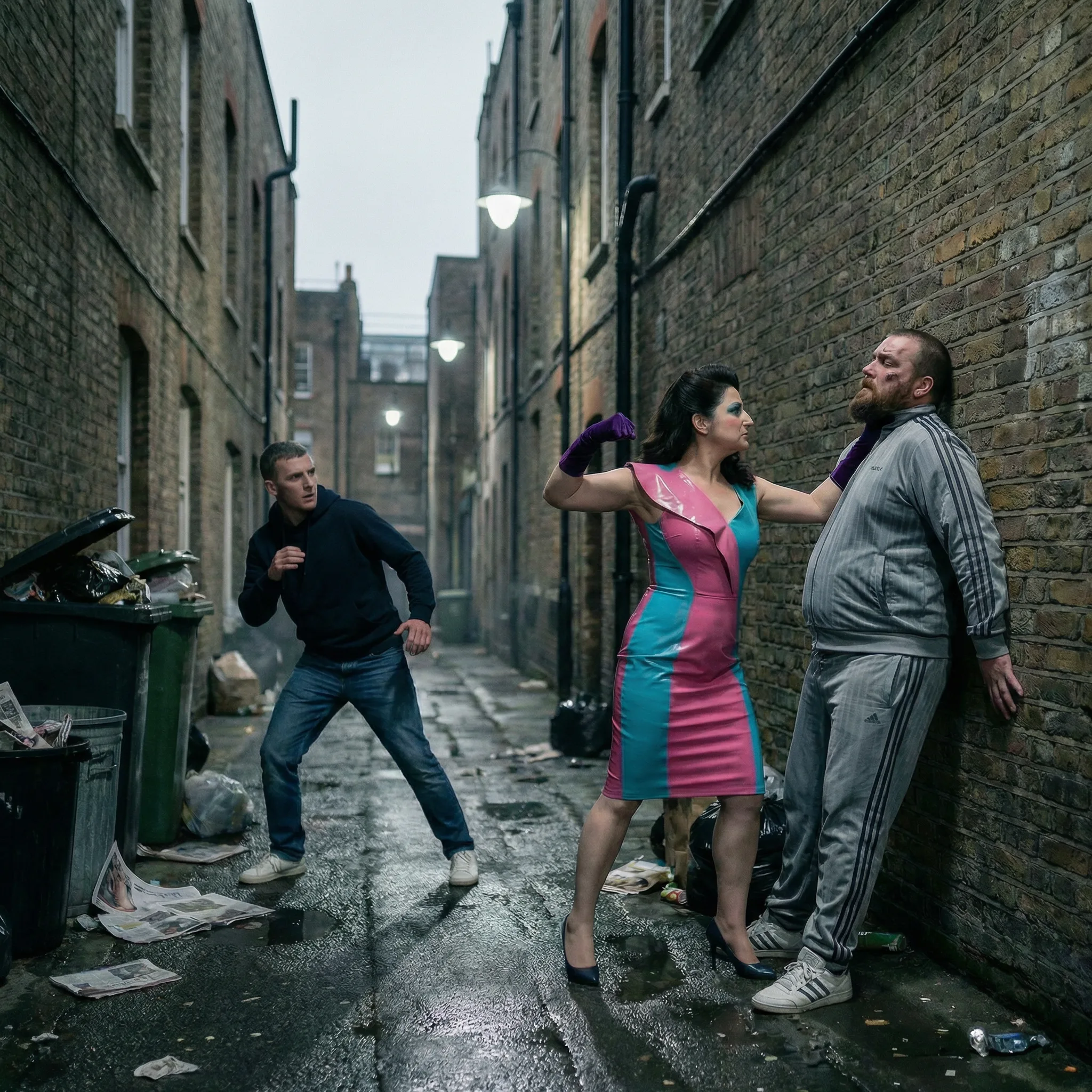 Grey Victorian alley — Anna in the dress facing two thugs in tracksuits, desaturated