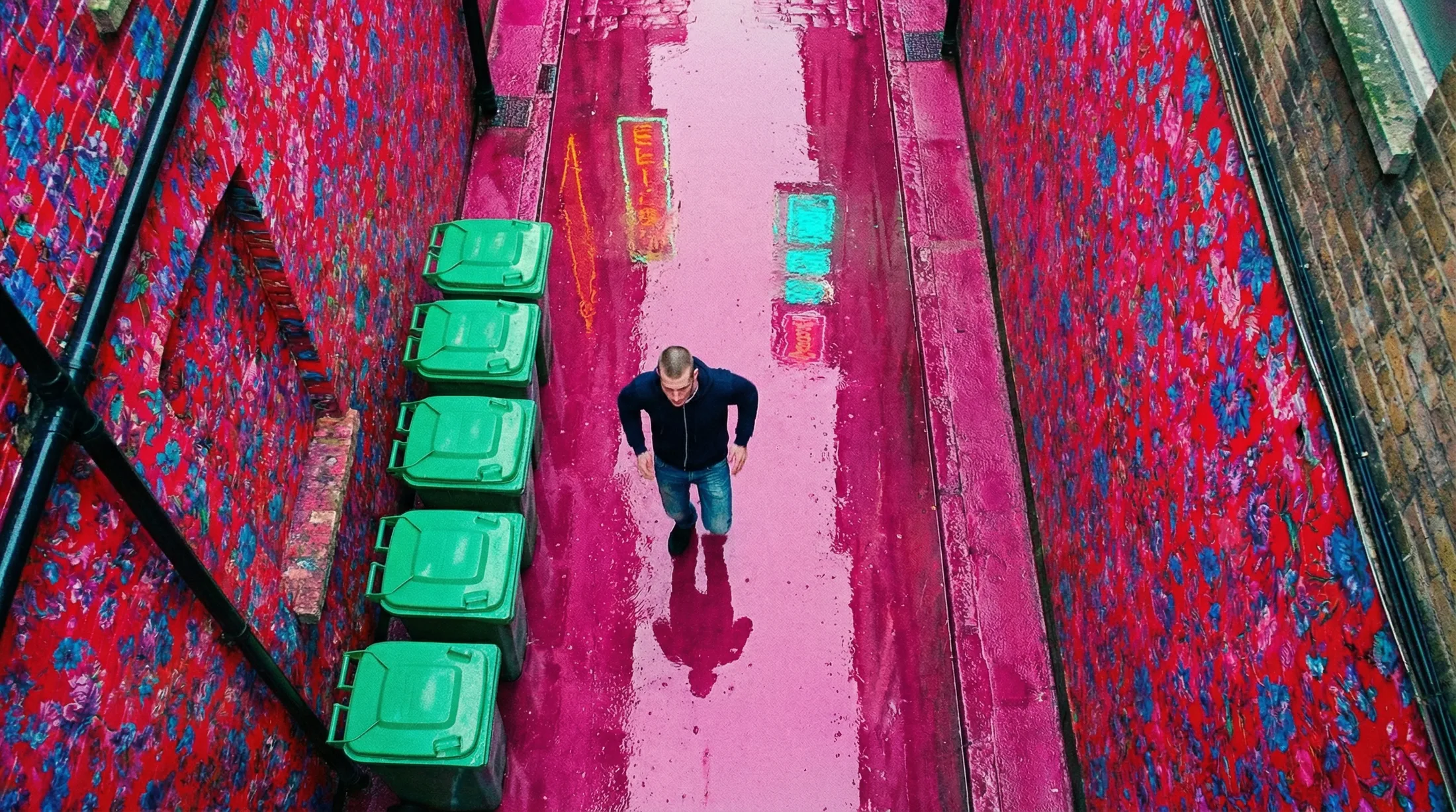 Bird's-eye view of the pink alley, green bins in a row, figure crossing below