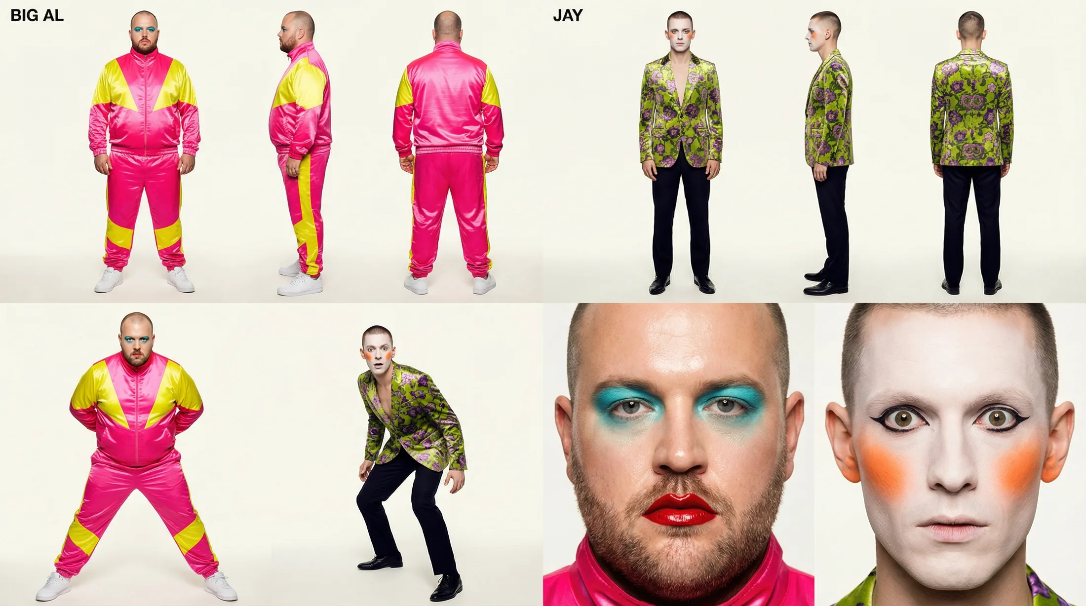 Goon colour scheme — pink tracksuits, clown make-up detail rows