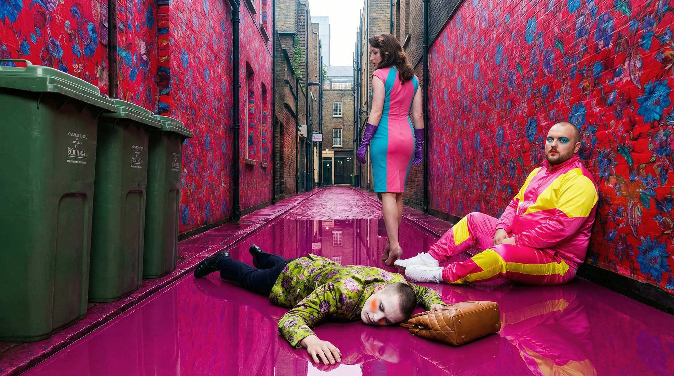 Low angle down the pink-floored alley — red wallpaper walls, a goon down in yellow