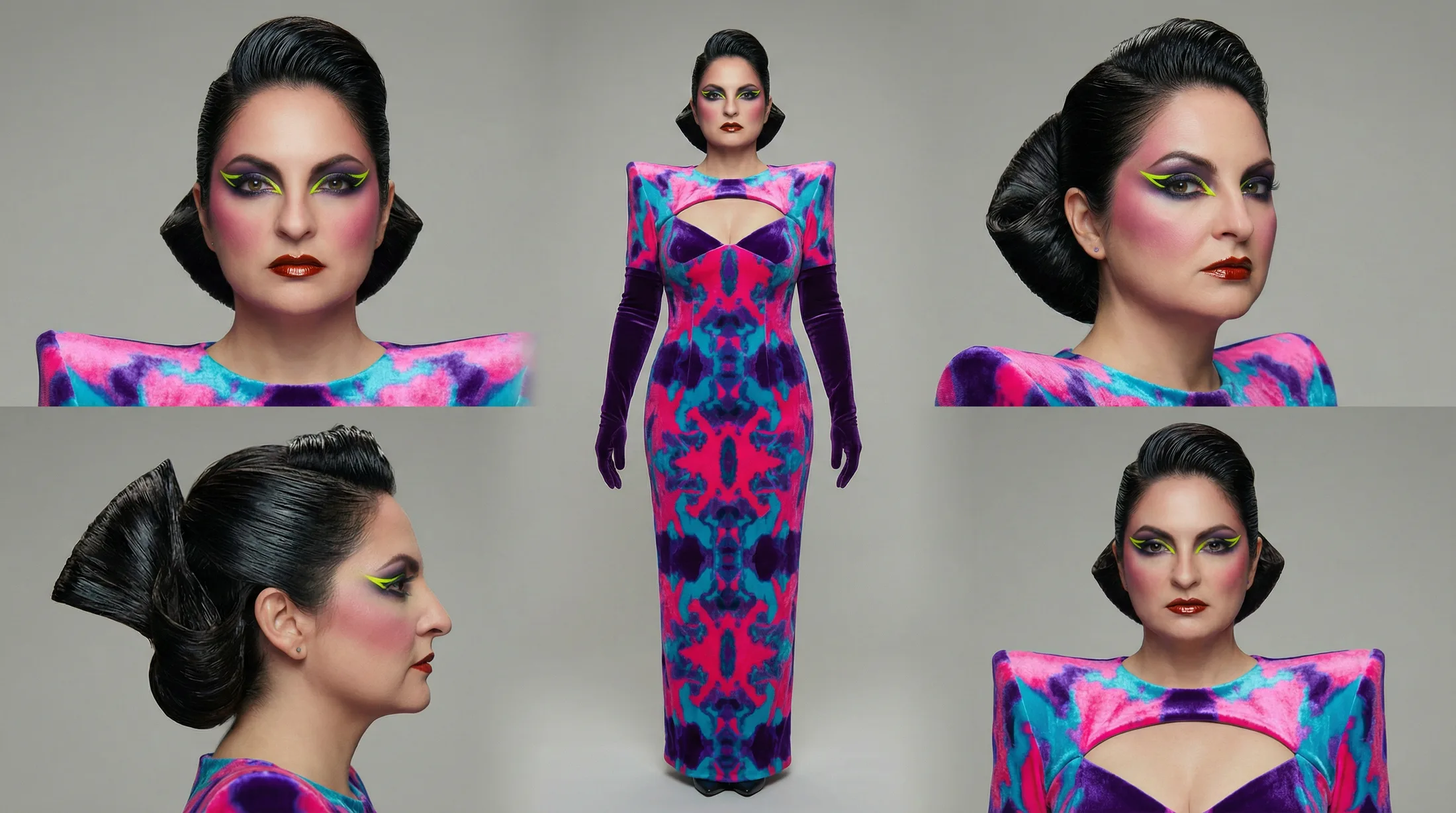 Anna finale look character sheet — kaleidoscopic Aldridge textile dress