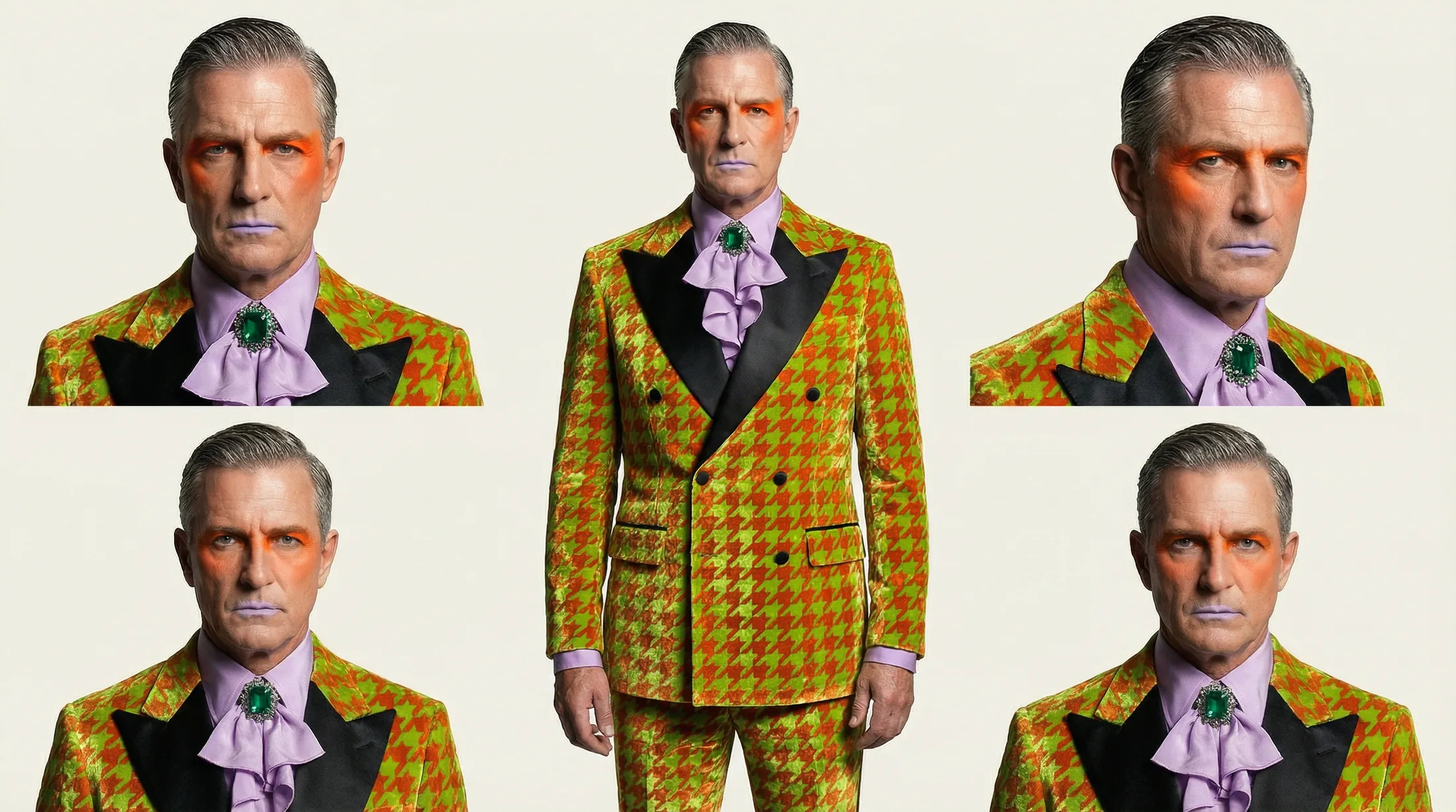 Big Boss transformed — mustard check suit, lilac cravat