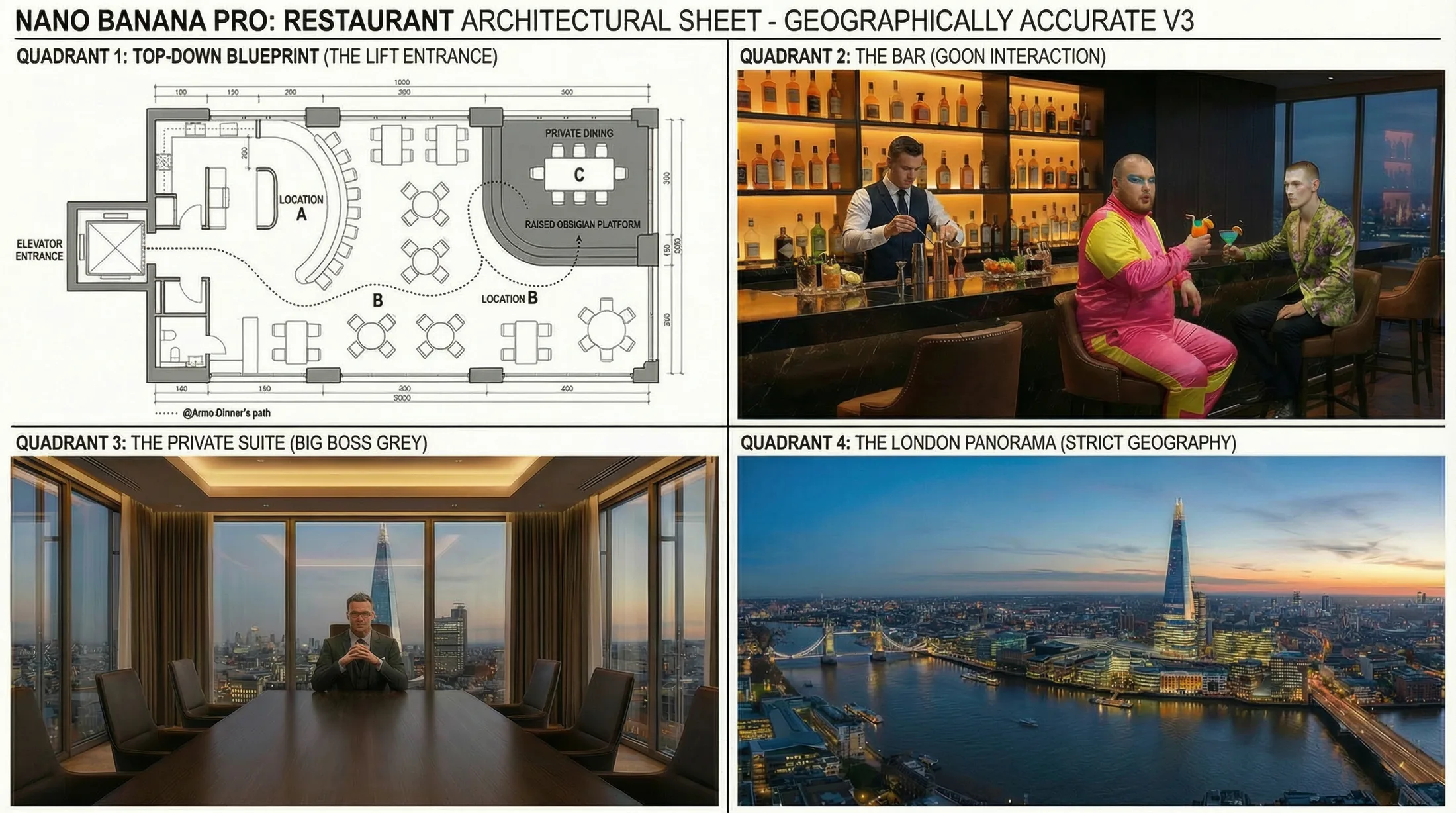Restaurant architectural sheet — floor plan, bar elevation, London panorama