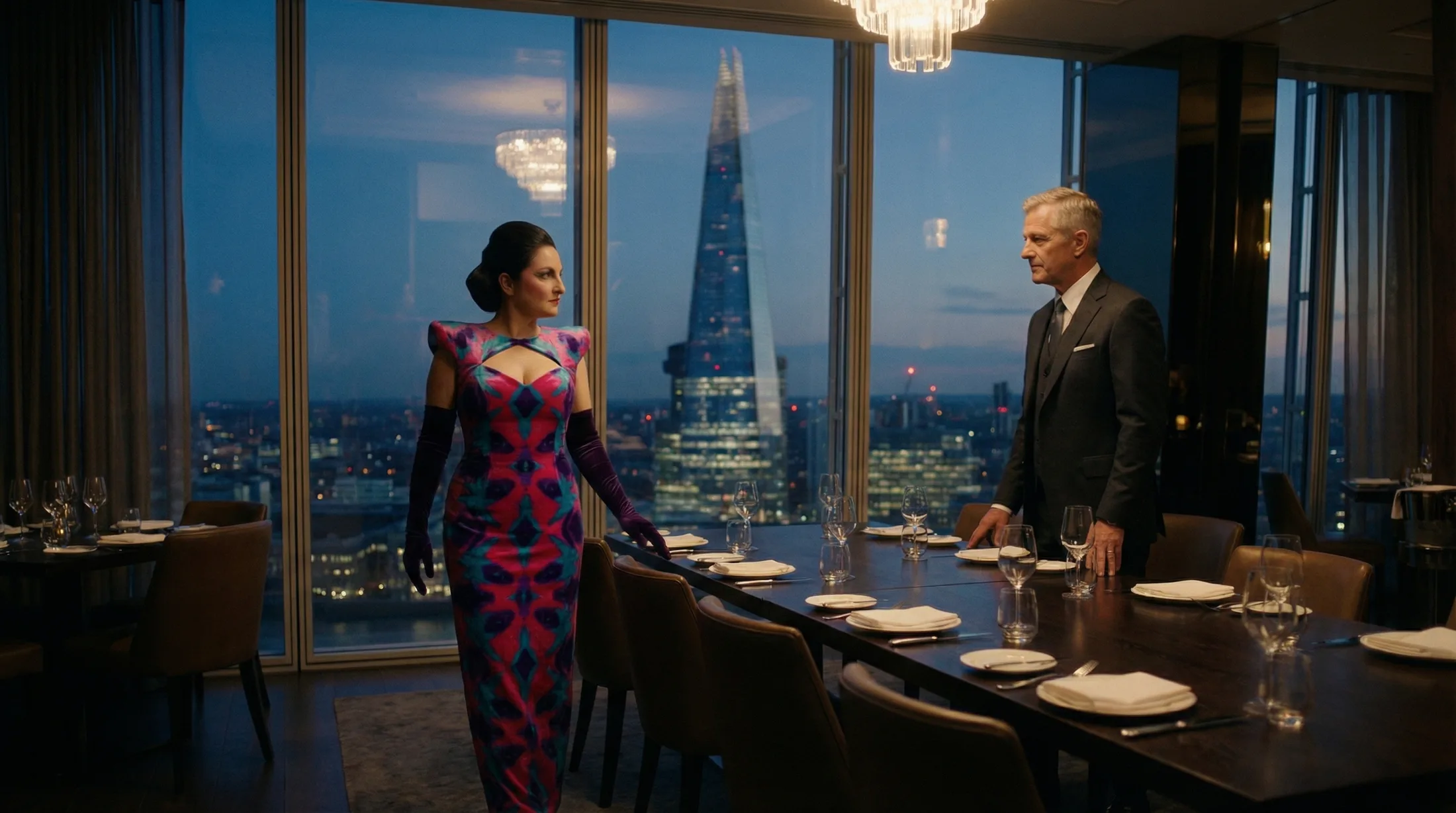 Anna in the Revolution dress facing the Boss across the restaurant table, the Shard behind