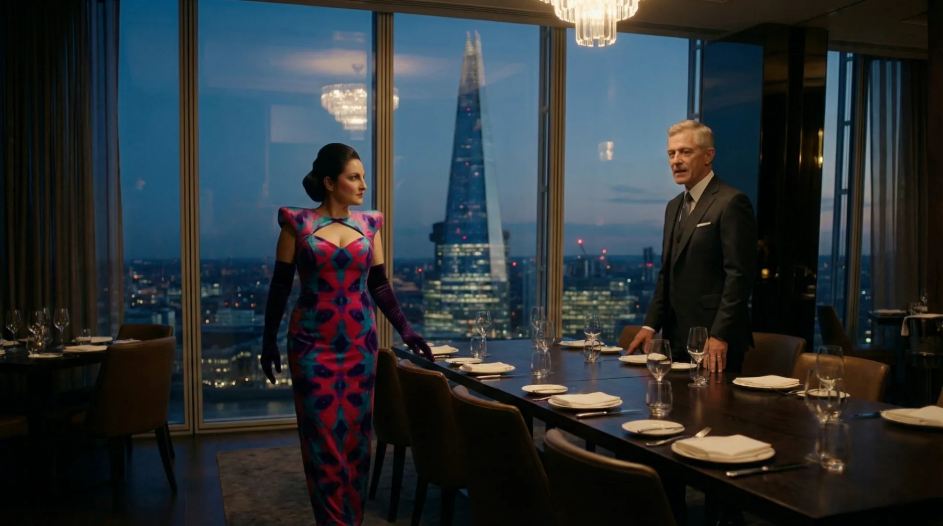Anna and the Boss across the long table, the Shard blue behind