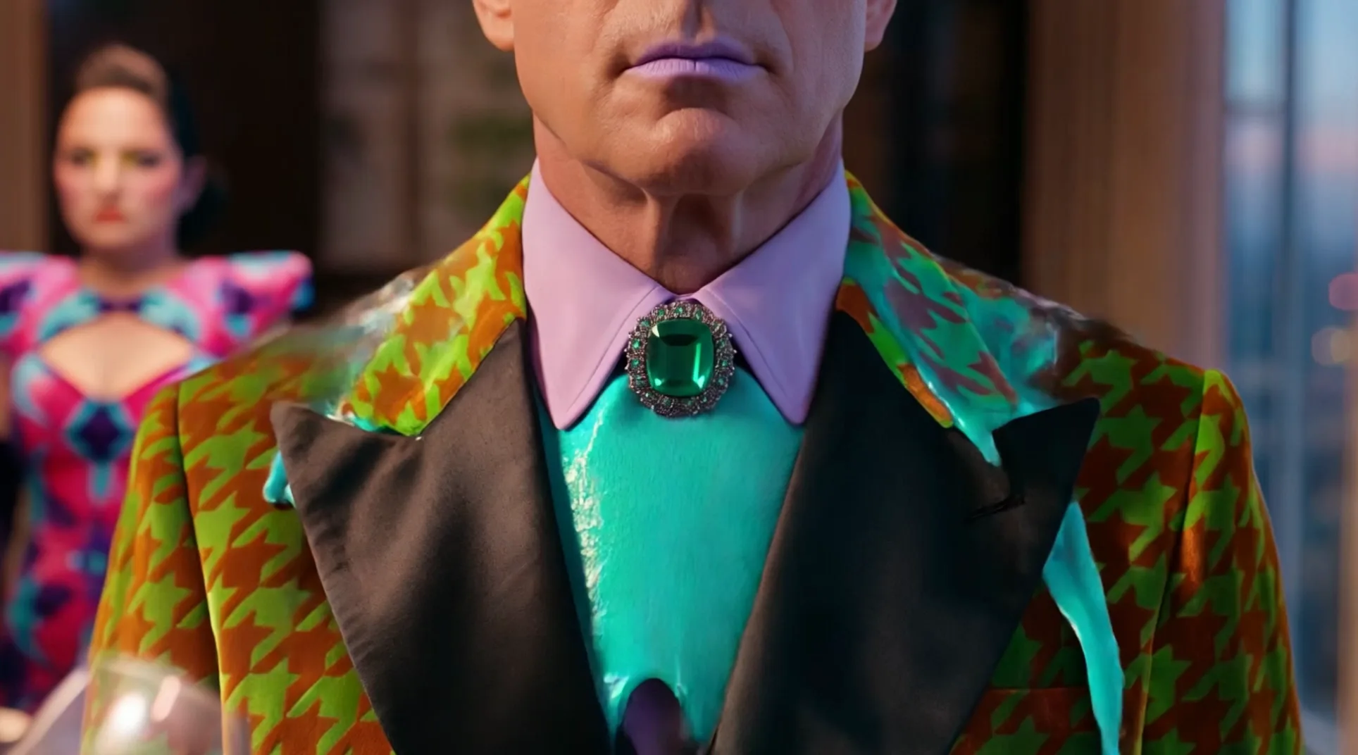 The Boss half-transformed — skin turning teal, suit going houndstooth
