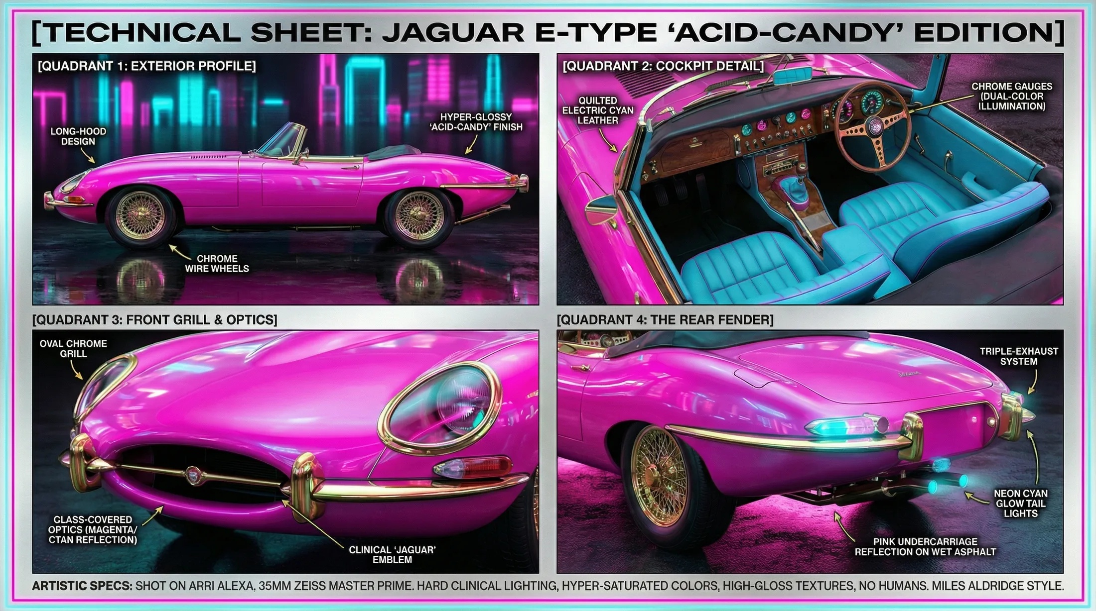 Technical sheet — Jaguar E-Type 'Acid-Candy' edition, four annotated quadrants