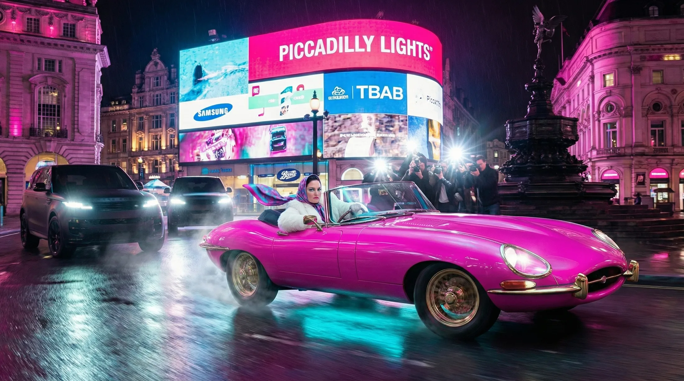 The pink Jaguar at Piccadilly Circus at night, wet tarmac, screens blazing