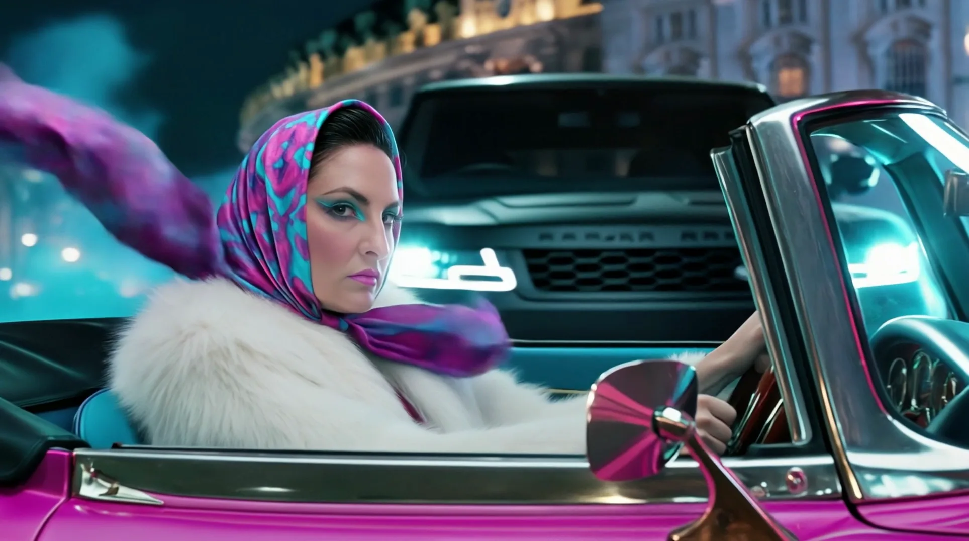 Anna at the right-hand wheel in headscarf and white fur, pursuer's headlights behind