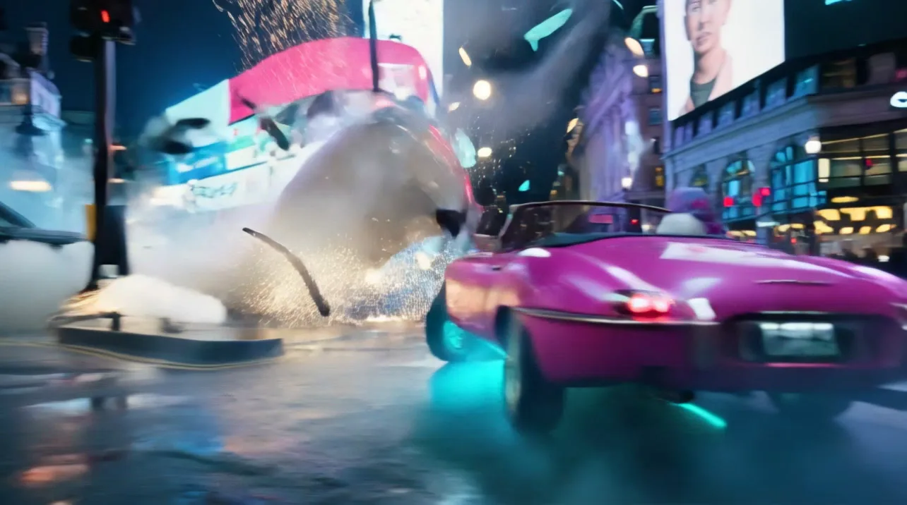 A hallucinated white smoke blob consuming the car mid-drift