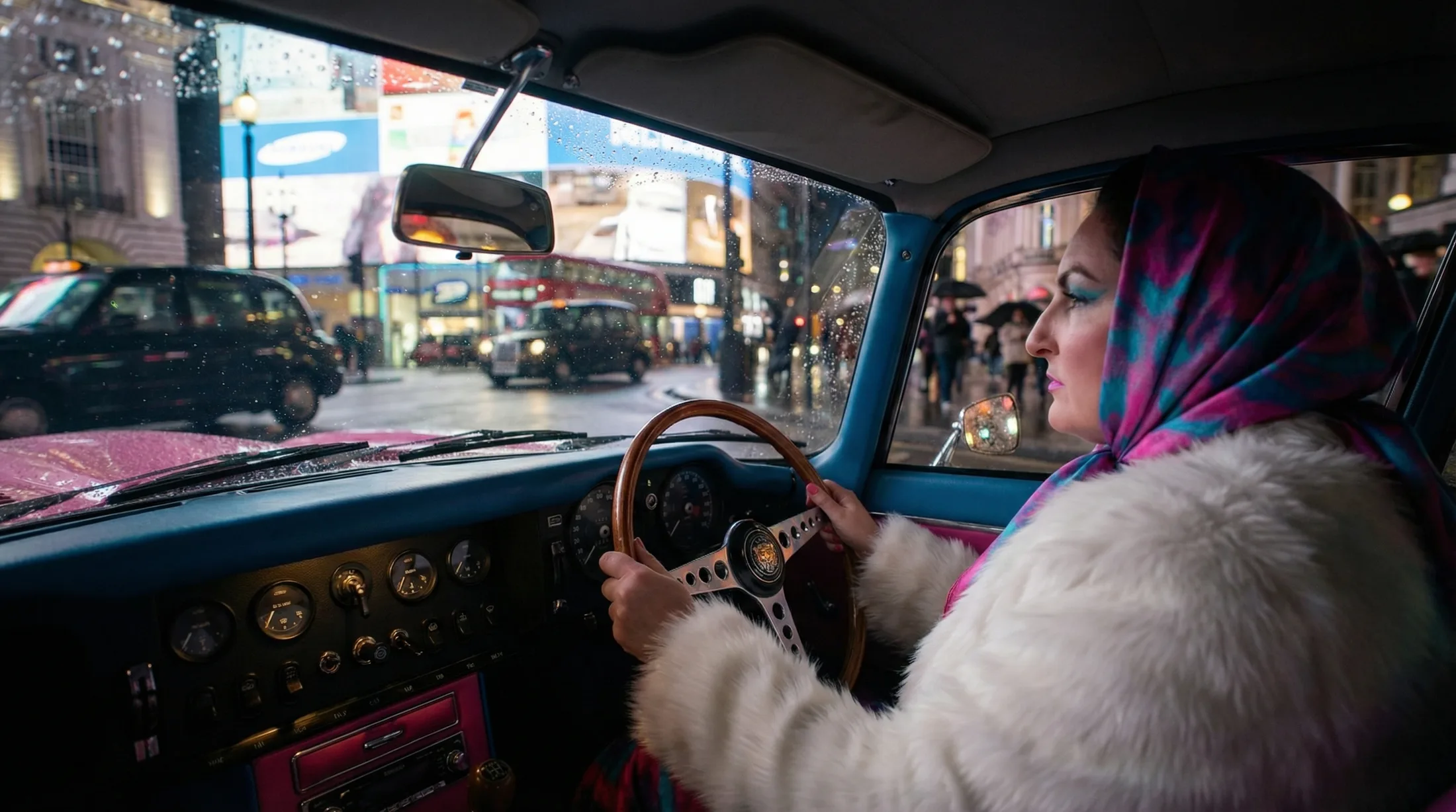 Over-the-shoulder of Anna driving through Piccadilly in the rain