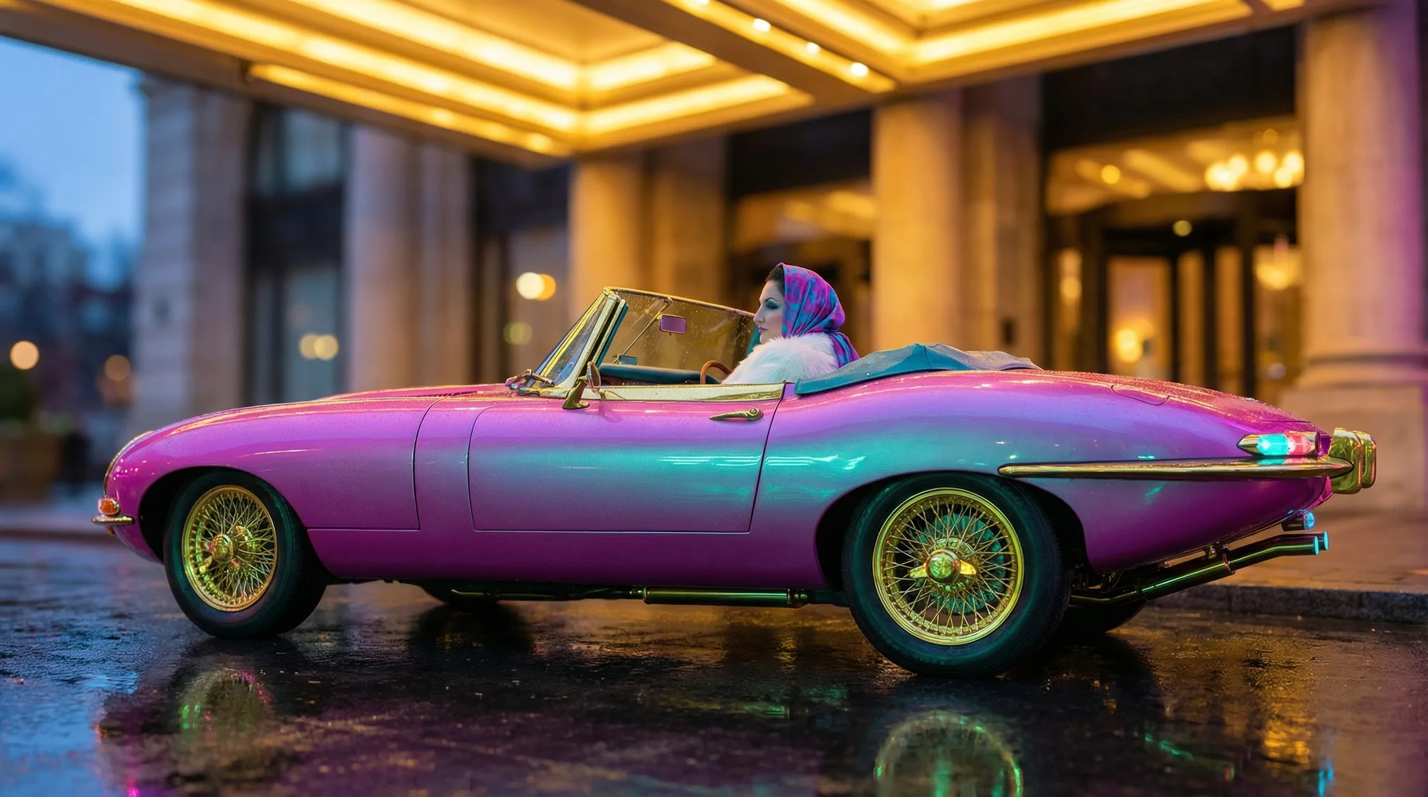 The film's last shot as a still — Anna at the right-hand wheel of the pink Jaguar in the golden portico, about to zip away