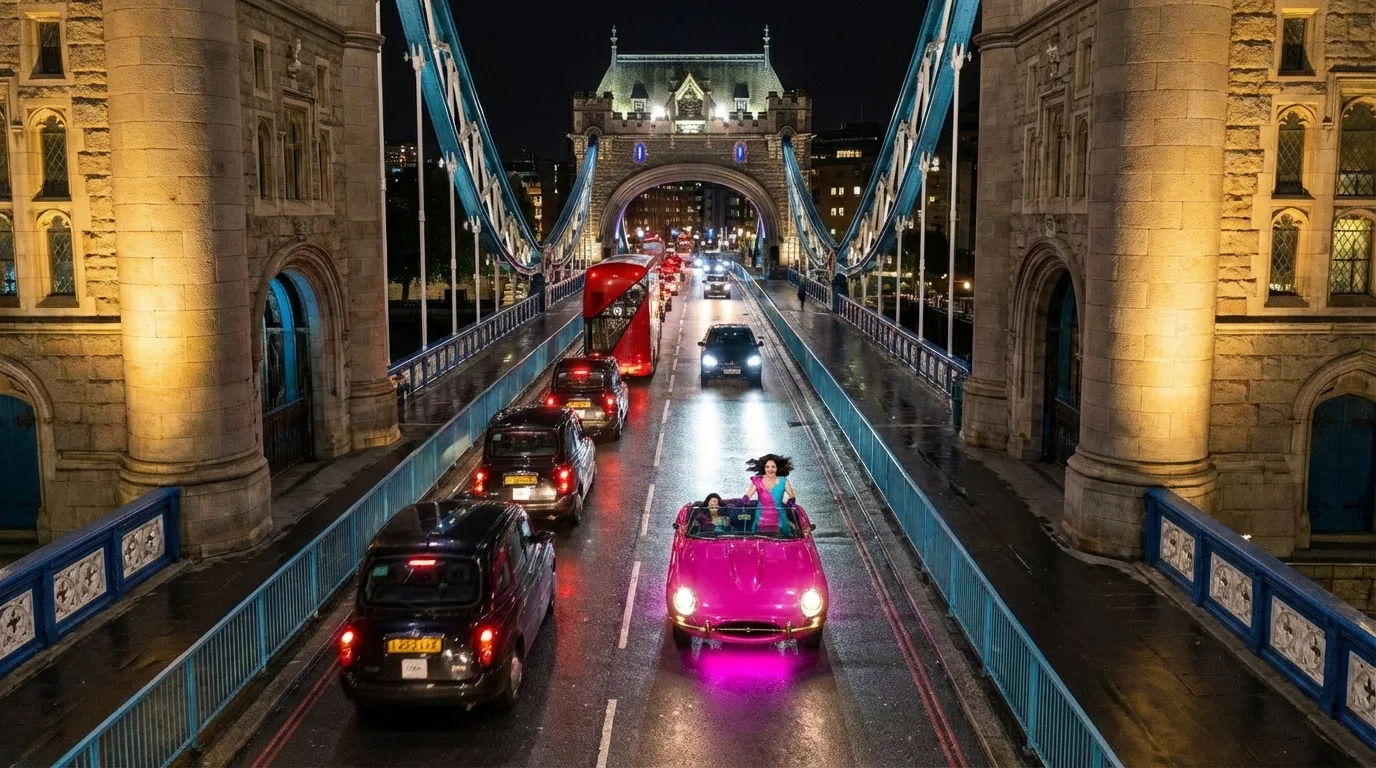 Aerial of Tower Bridge at night, the pink Jaguar among black cabs