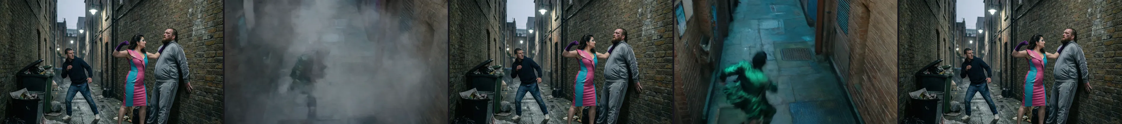 Grey alley takes — including a frame of pure smoke and a green goon mid-hallucination