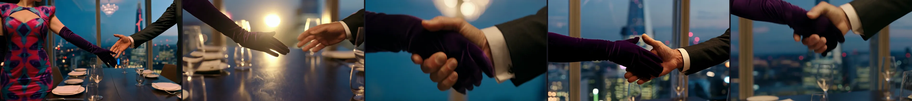 Five handshake attempts — a reach, a ball of light, three grips with drifting fingers