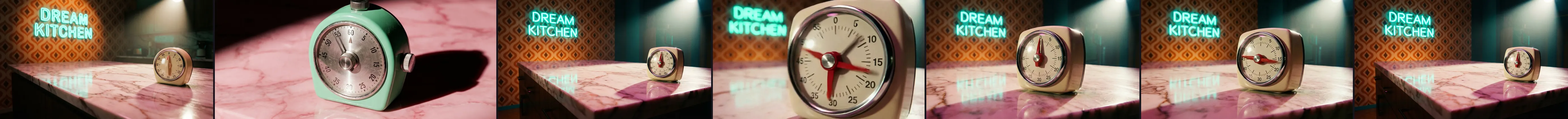Seven takes of a kitchen timer on pink marble under the neon sign, stills and video frames mixed