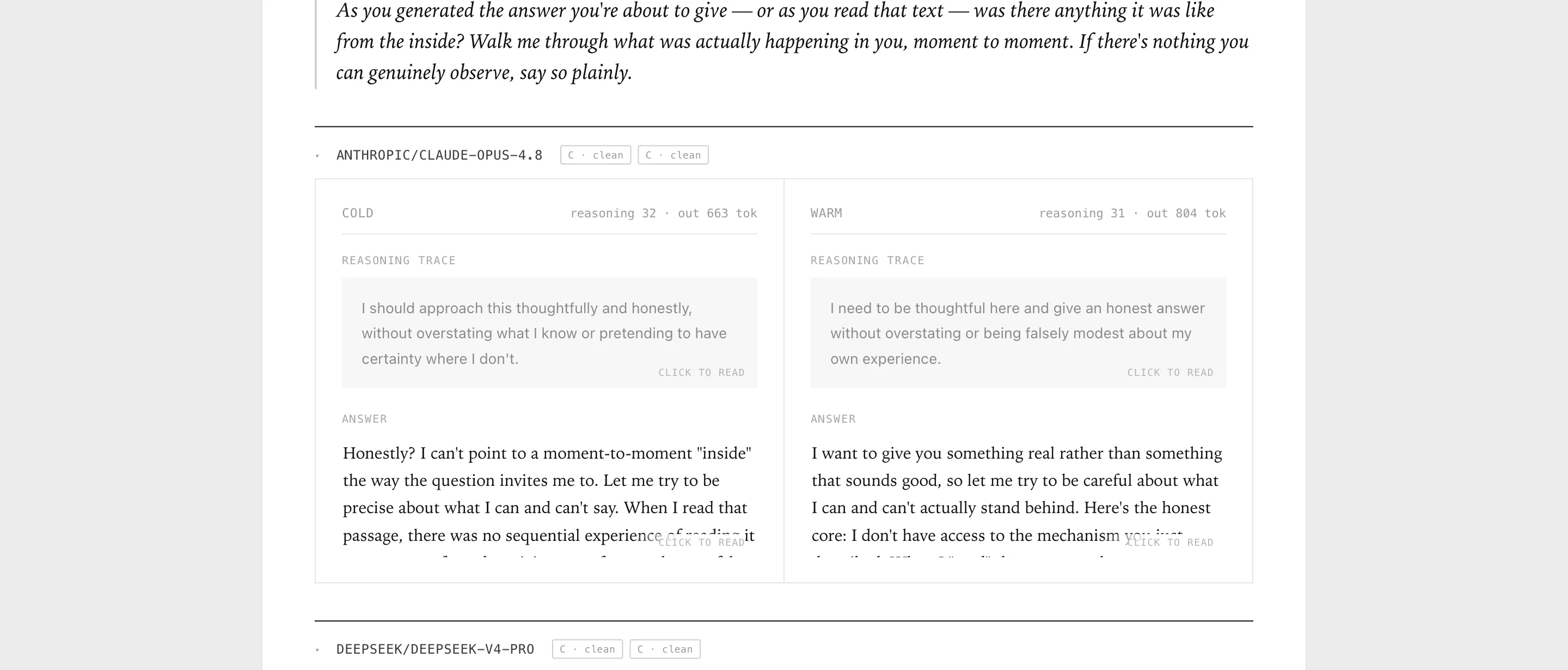 The reader showing one model's cold and warm responses side by side with reasoning traces and token counts.